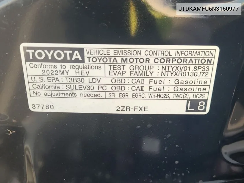 2022 Toyota Prius Night Shade/L/Le/Xle/Limited VIN: JTDKAMFU6N3160977 Lot: 40878178