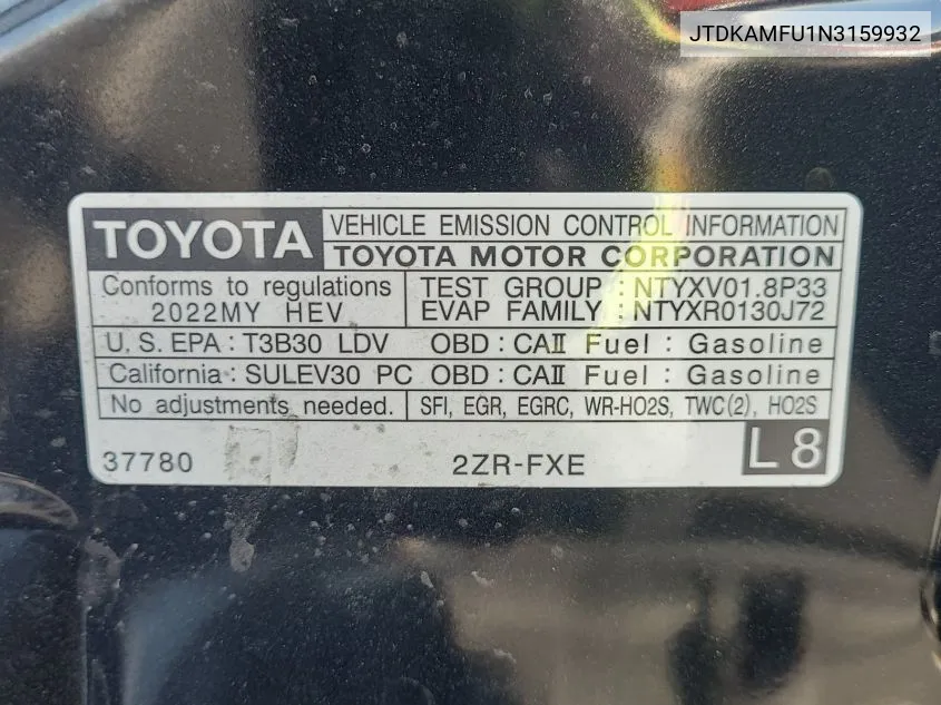 2022 Toyota Prius Night Shade/L/Le/Xle/Limited VIN: JTDKAMFU1N3159932 Lot: 40878553