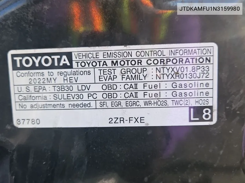 2022 Toyota Prius Night Shade/L/Le/Xle/Limited VIN: JTDKAMFU1N3159980 Lot: 40878575