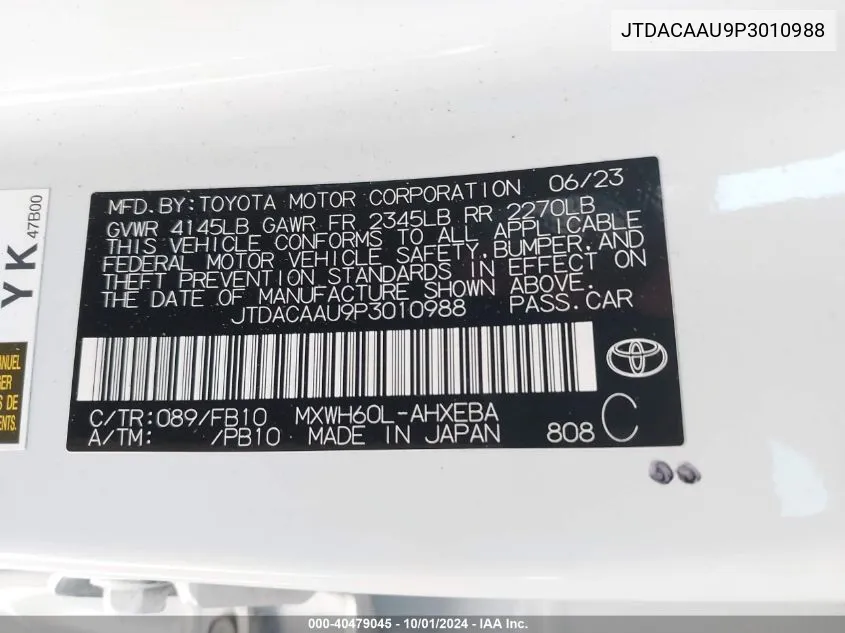 JTDACAAU9P3010988 2023 Toyota Prius Le/Xle/Limited