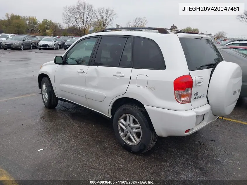 2002 Toyota Rav4 VIN: JTEGH20V420047481 Lot: 40836485