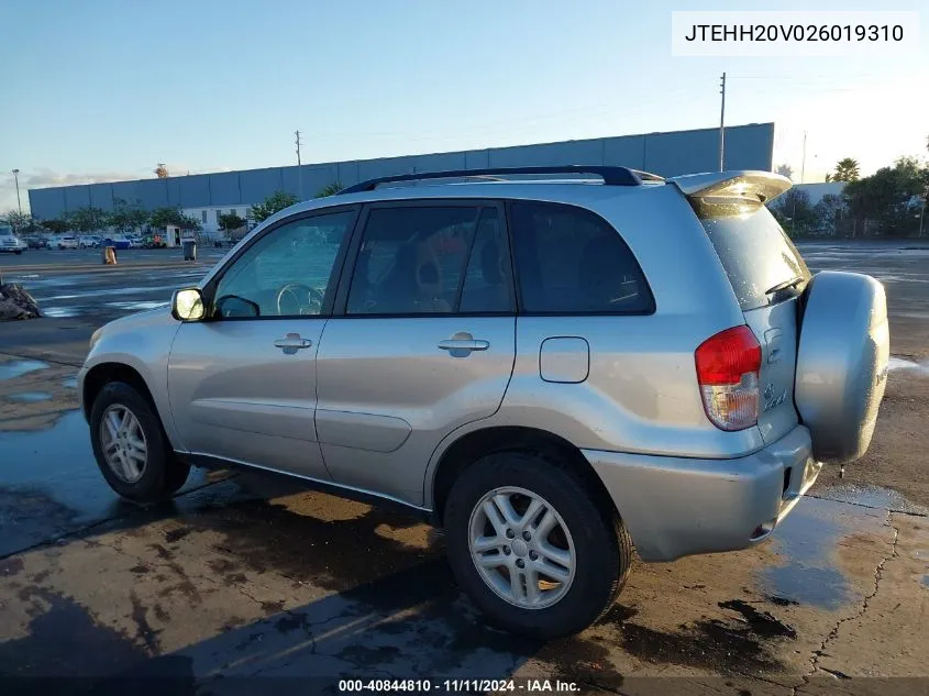 2002 Toyota Rav4 VIN: JTEHH20V026019310 Lot: 40844810