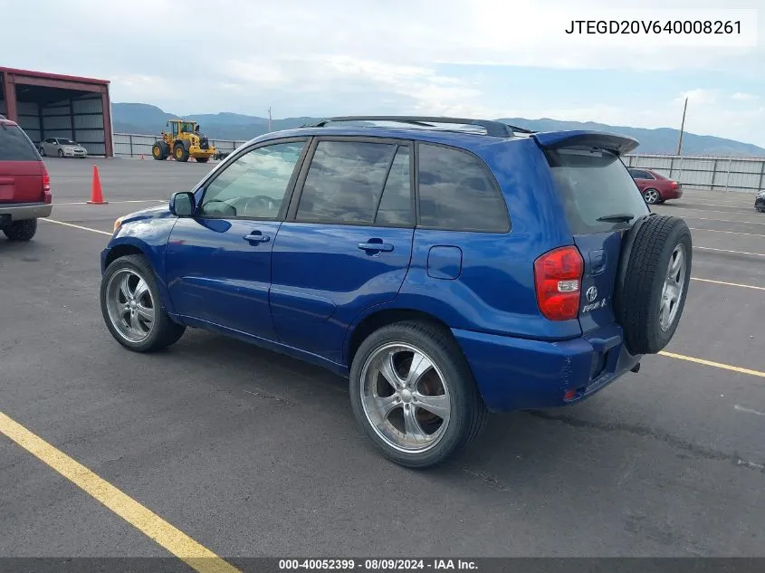 2004 Toyota Rav4 VIN: JTEGD20V640008261 Lot: 40052399