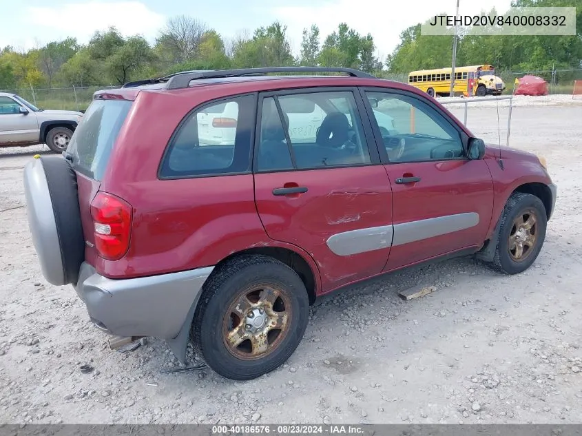 2004 Toyota Rav4 VIN: JTEHD20V840008332 Lot: 40186576