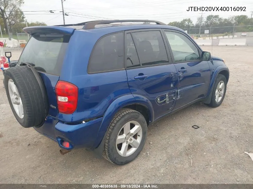 2004 Toyota Rav4 VIN: JTEHD20VX40016092 Lot: 40385635