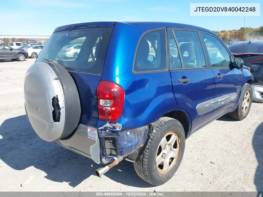 2004 Toyota Rav4 VIN: JTEGD20V840042248 Lot: 40655094