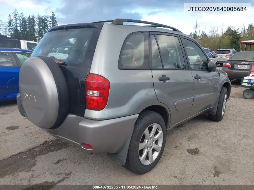 2004 Toyota Rav4 VIN: JTEGD20V840005684 Lot: 40792235