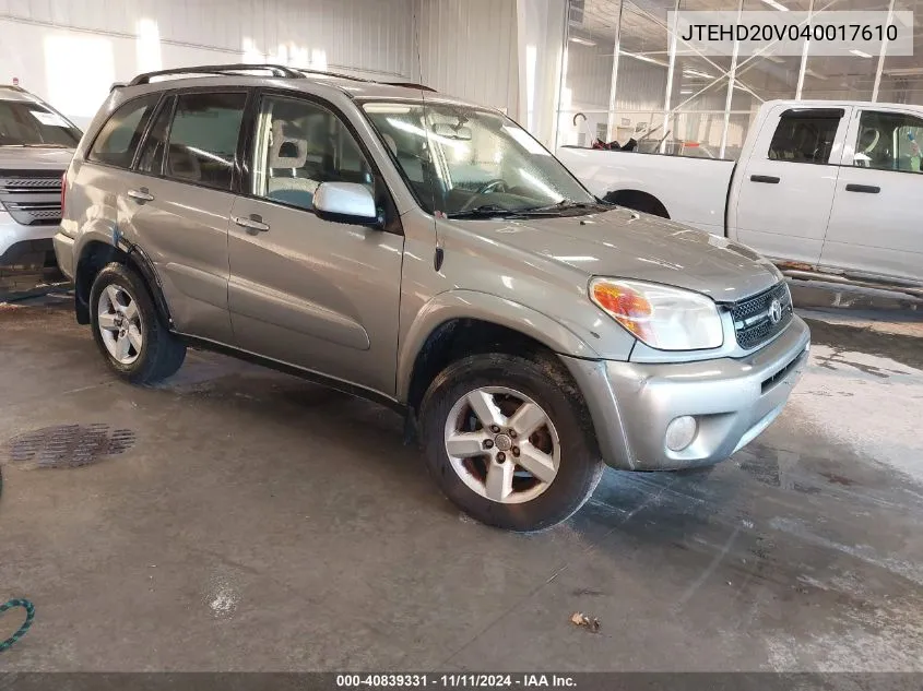 2004 Toyota Rav4 VIN: JTEHD20V040017610 Lot: 40839331