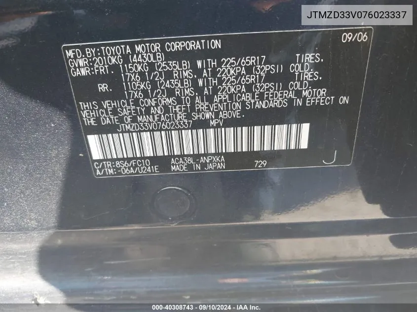 JTMZD33V076023337 2007 Toyota Rav4