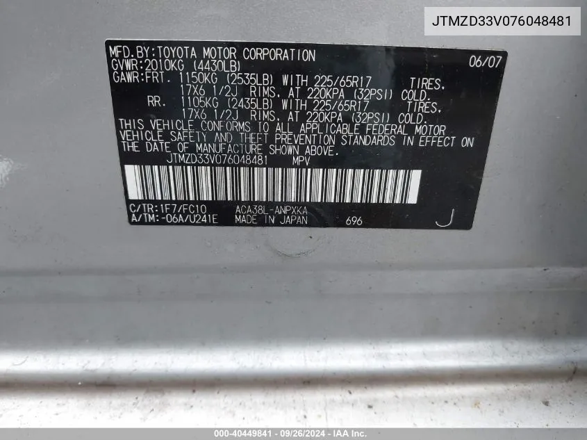 JTMZD33V076048481 2007 Toyota Rav4