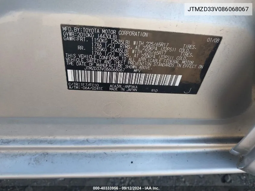 JTMZD33V086068067 2008 Toyota Rav4