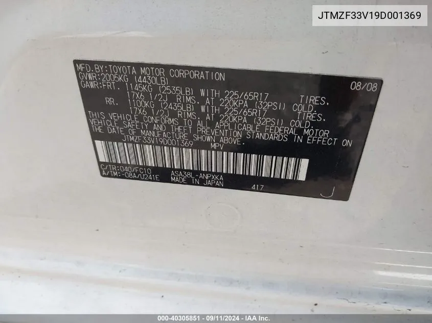 JTMZF33V19D001369 2009 Toyota Rav4