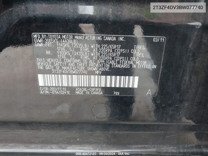 2T3ZF4DV3BW077740 2011 Toyota Rav4