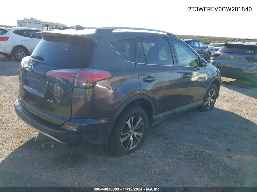 2016 Toyota Rav4 Xle VIN: 2T3WFREV0GW281840 Lot: 40830009