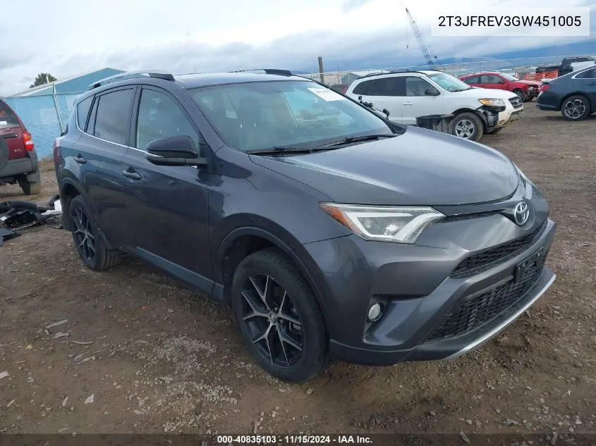 2016 Toyota Rav4 Se VIN: 2T3JFREV3GW451005 Lot: 40835103