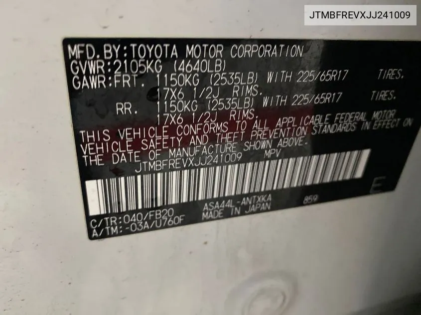 JTMBFREVXJJ241009 2018 Toyota Rav4 Le