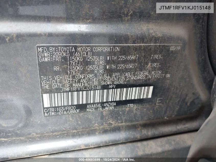 JTMF1RFV1KJ015148 2019 Toyota Rav4 Le