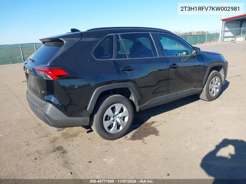 2019 Toyota Rav4 Le VIN: 2T3H1RFV7KW002981 Lot: 40771085