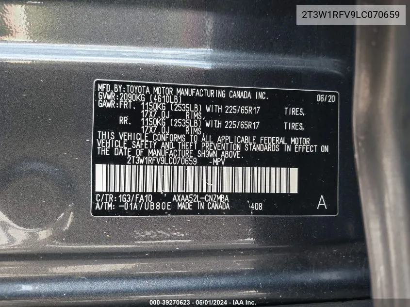 2T3W1RFV9LC070659 2020 Toyota Rav4 Xle