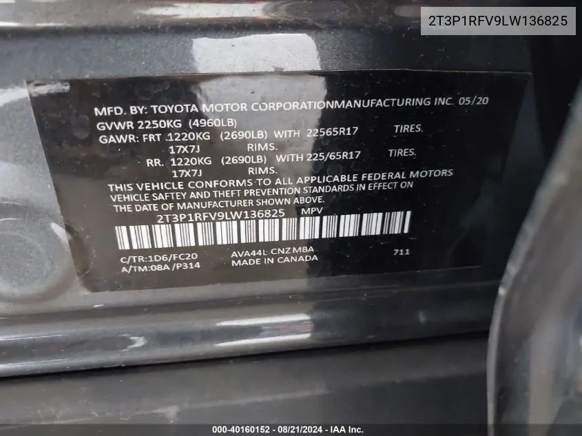 2T3P1RFV9LW136825 2020 Toyota Rav4 Xle/Xle Premium