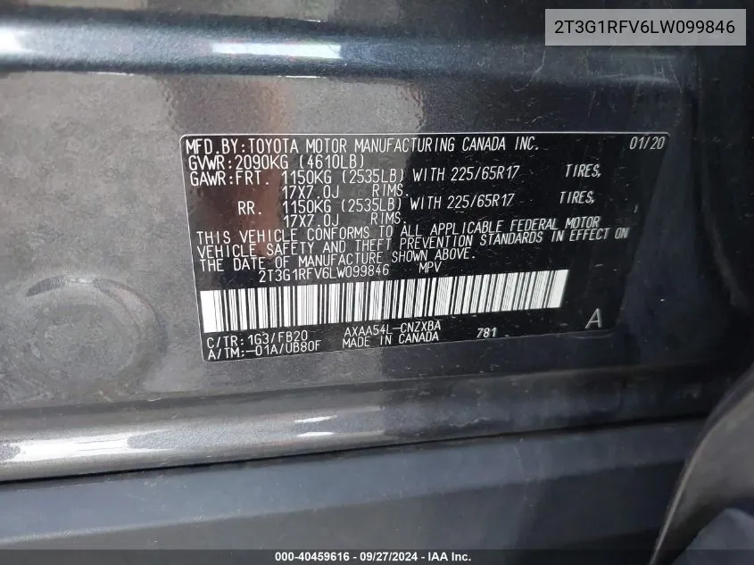 2T3G1RFV6LW099846 2020 Toyota Rav4 Le