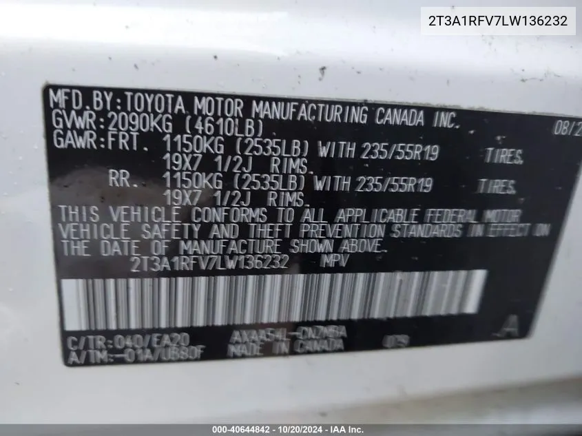 2020 Toyota Rav4 Xle Premium VIN: 2T3A1RFV7LW136232 Lot: 40644842