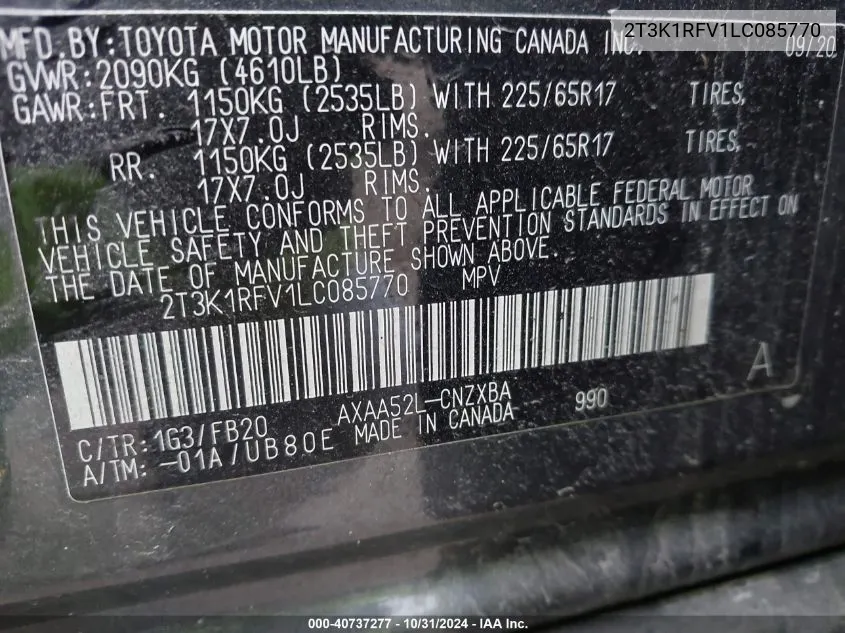 2020 Toyota Rav4 Le VIN: 2T3K1RFV1LC085770 Lot: 40737277