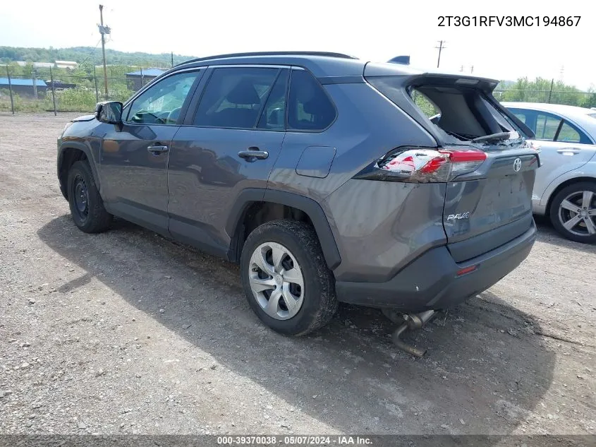 2021 Toyota Rav4 Le VIN: 2T3G1RFV3MC194867 Lot: 39370038