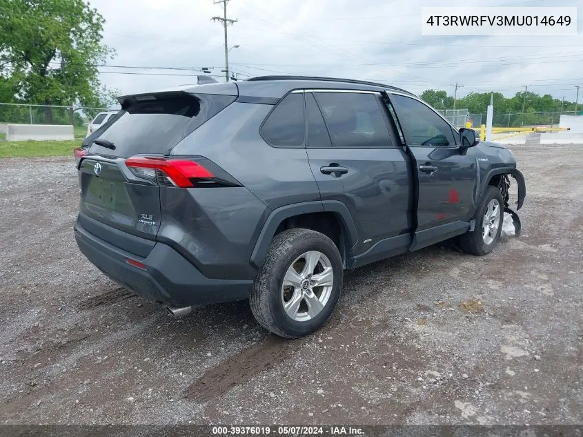 2021 Toyota Rav4 Xle Hybrid VIN: 4T3RWRFV3MU014649 Lot: 39376019