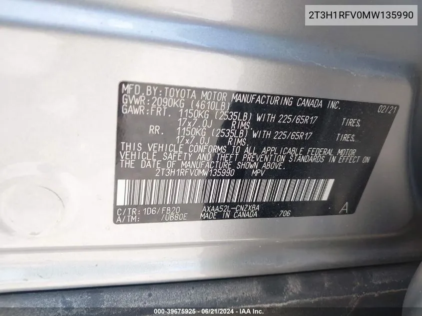 2T3H1RFV0MW135990 2021 Toyota Rav4 Le