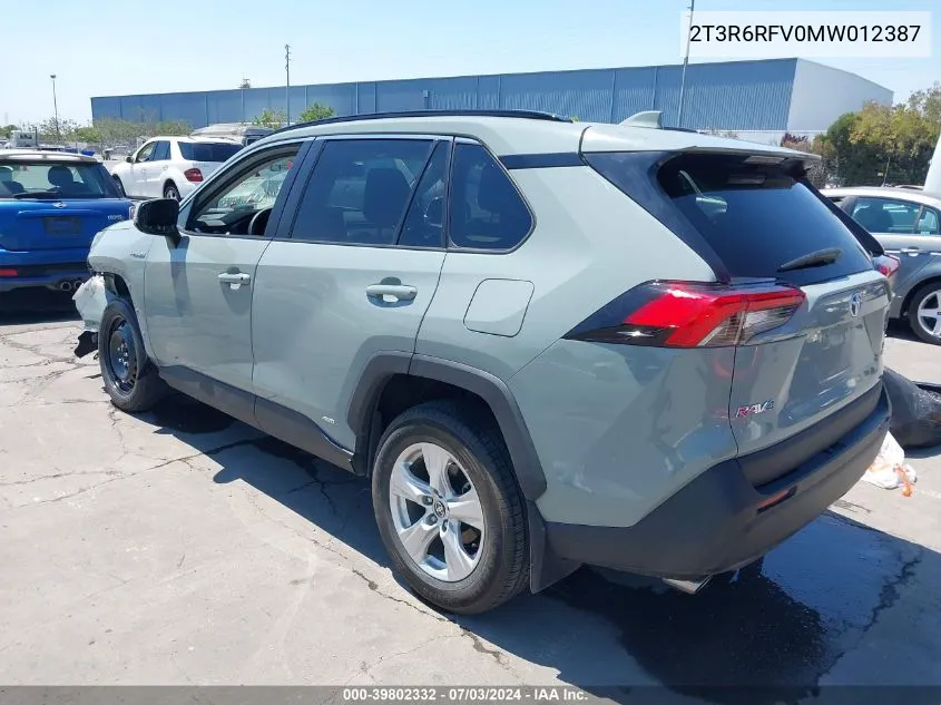 2021 Toyota Rav4 Hybrid Xle VIN: 2T3R6RFV0MW012387 Lot: 39802332