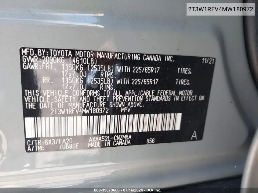 2T3W1RFV4MW180972 2021 Toyota Rav4 Xle