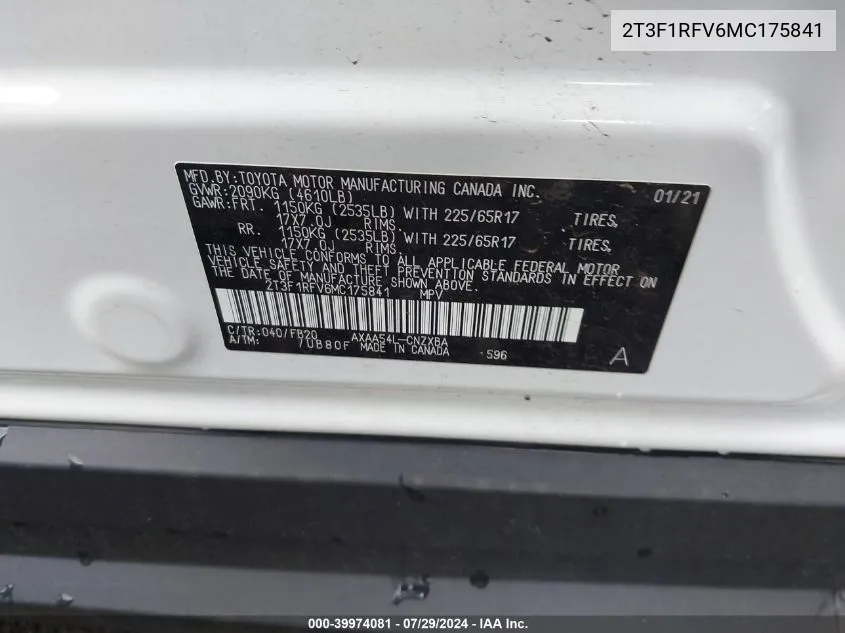 2T3F1RFV6MC175841 2021 Toyota Rav4 Le