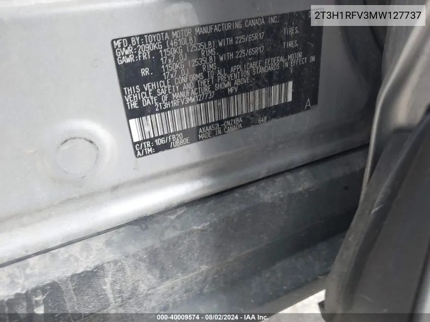 2T3H1RFV3MW127737 2021 Toyota Rav4 Le