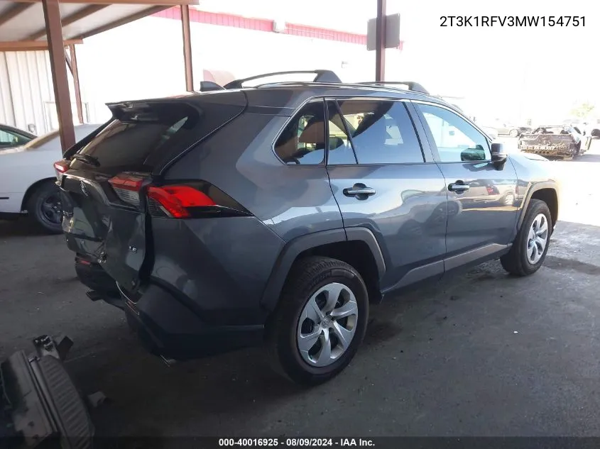 2021 Toyota Rav4 Le VIN: 2T3K1RFV3MW154751 Lot: 40016925