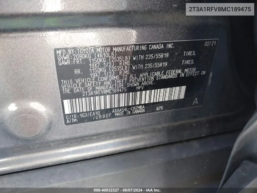 2T3A1RFV8MC189475 2021 Toyota Rav4 Xle Premium