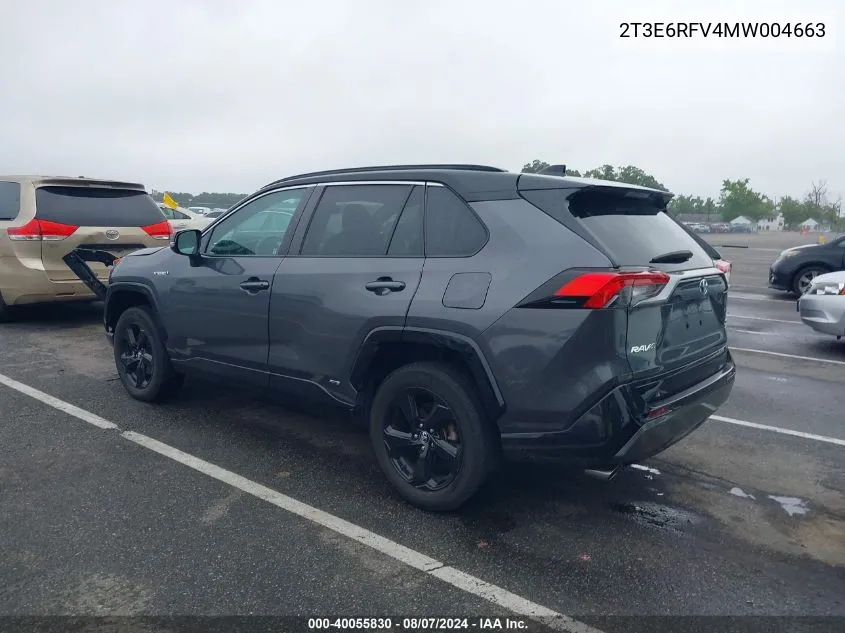 2021 Toyota Rav4 Xse VIN: 2T3E6RFV4MW004663 Lot: 40055830