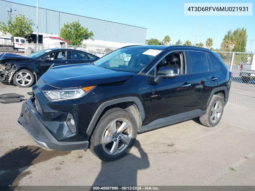 2021 Toyota Rav4 Hybrid Limited VIN: 4T3D6RFV6MU021931 Lot: 40087990