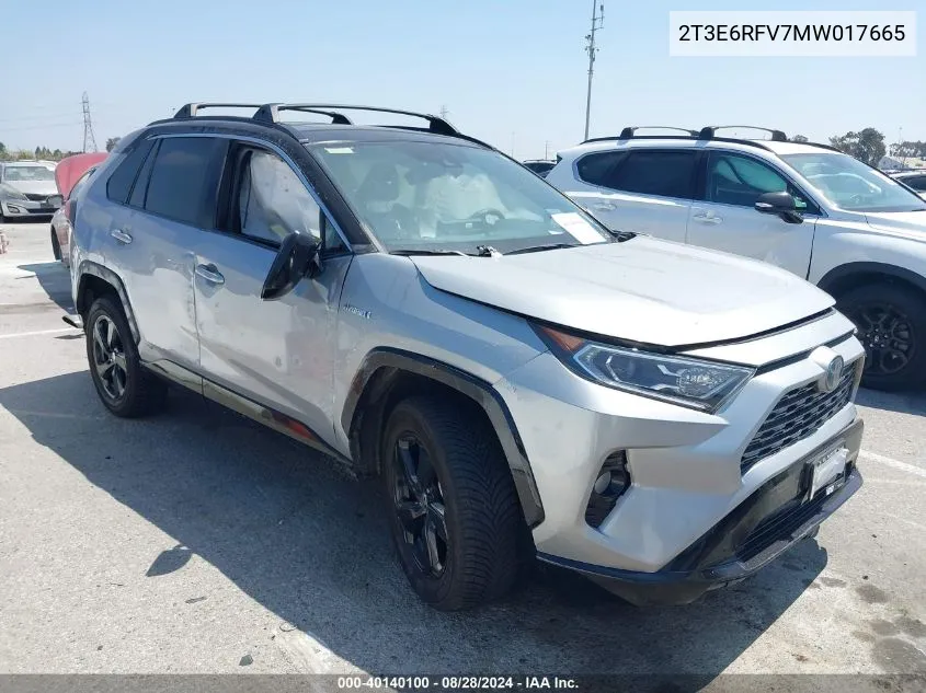 2021 Toyota Rav4 Hybrid Xse VIN: 2T3E6RFV7MW017665 Lot: 40140100