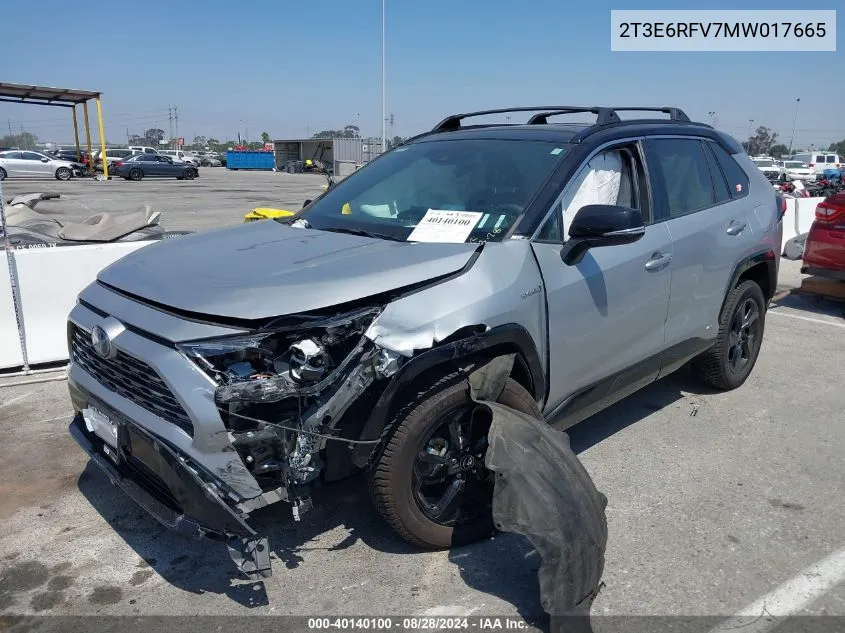 2021 Toyota Rav4 Hybrid Xse VIN: 2T3E6RFV7MW017665 Lot: 40140100