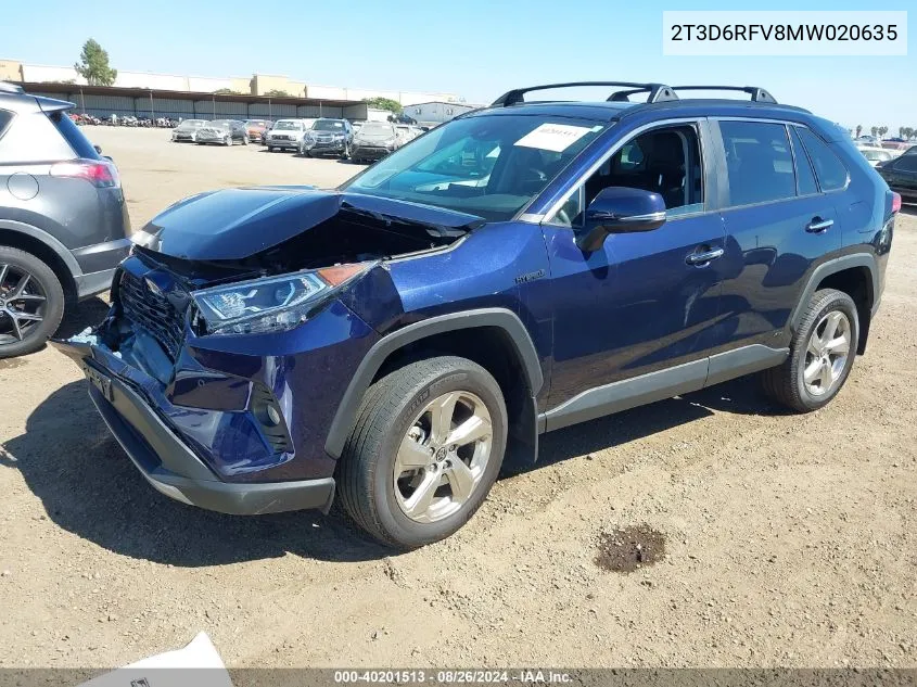 2021 Toyota Rav4 Hybrid Limited VIN: 2T3D6RFV8MW020635 Lot: 40201513