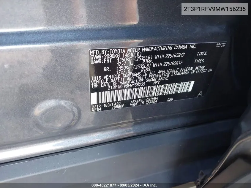 2T3P1RFV9MW156235 2021 Toyota Rav4 Xle