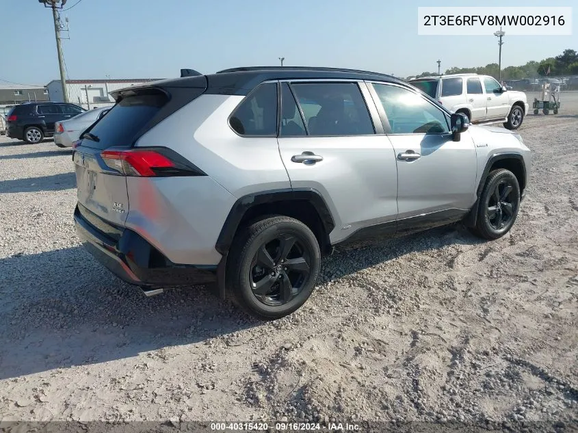 2021 Toyota Rav4 Xse VIN: 2T3E6RFV8MW002916 Lot: 40315420