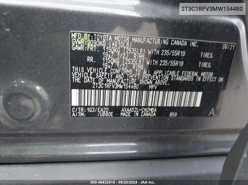 2T3C1RFV3MW154480 2021 Toyota Rav4 Xle Premium