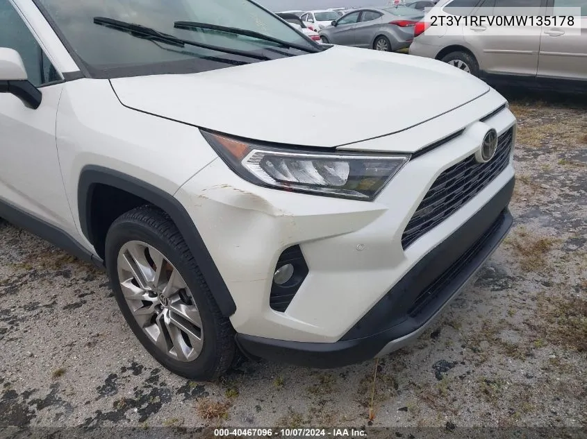 2021 Toyota Rav4 Limited VIN: 2T3Y1RFV0MW135178 Lot: 40467096