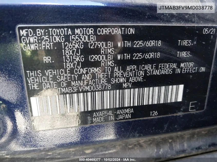 2021 Toyota Rav4 Prime Se VIN: JTMAB3FV9MD038778 Lot: 40469377