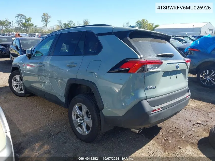 2021 Toyota Rav4 Hybrid Xle VIN: 4T3RWRFV6MU026925 Lot: 40492821