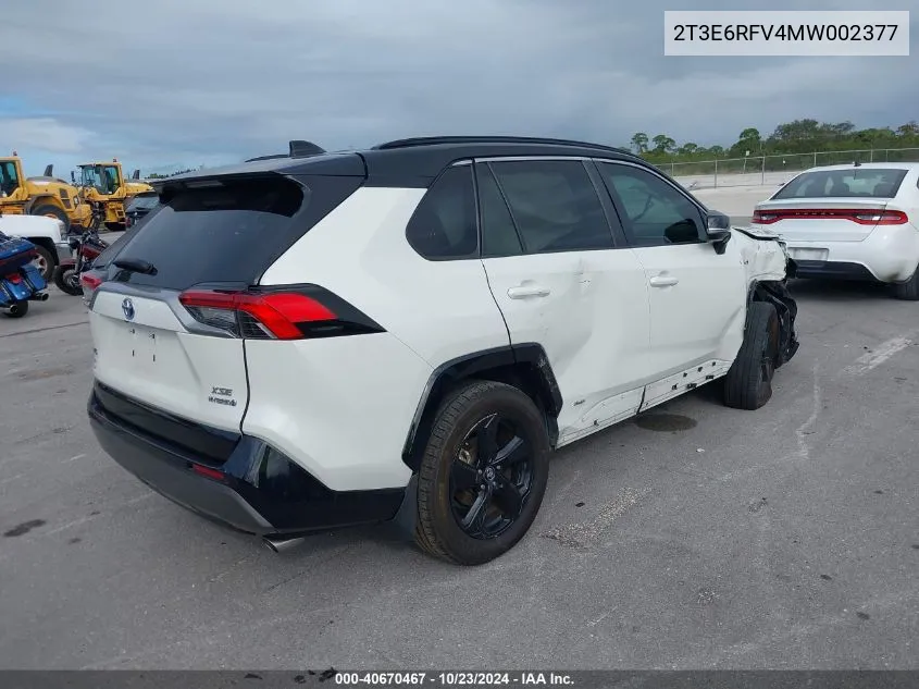 2021 Toyota Rav4 Hybrid Xse VIN: 2T3E6RFV4MW002377 Lot: 40670467