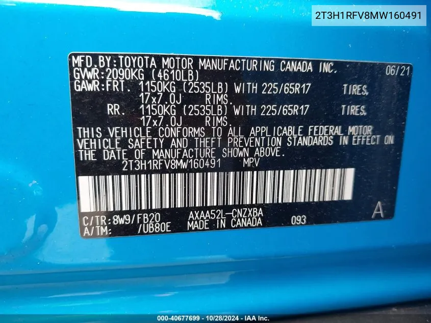 2T3H1RFV8MW160491 2021 Toyota Rav4 Le