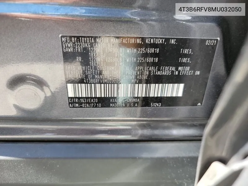 4T3B6RFV8MU032050 2021 Toyota Rav4 Hybrid Xle Premium